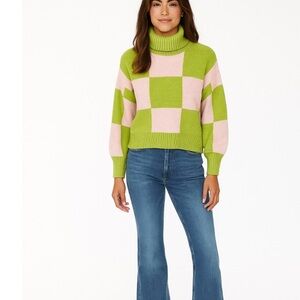 New Native Youth Checkerboard Oversized Green Pink Knit Turtleneck Sweater XS